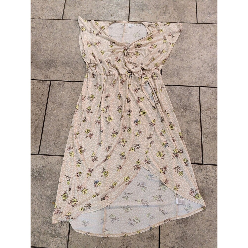 Love Fire Floral Faux Wrap Dress Womens 2X Beige Short Sleeve